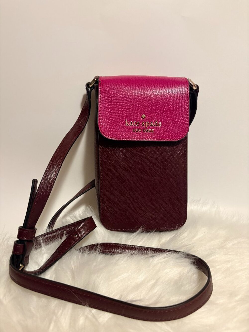 Kate Spade New York Saffiano Leather Phone Crossbody Burgundy Pink EUC
